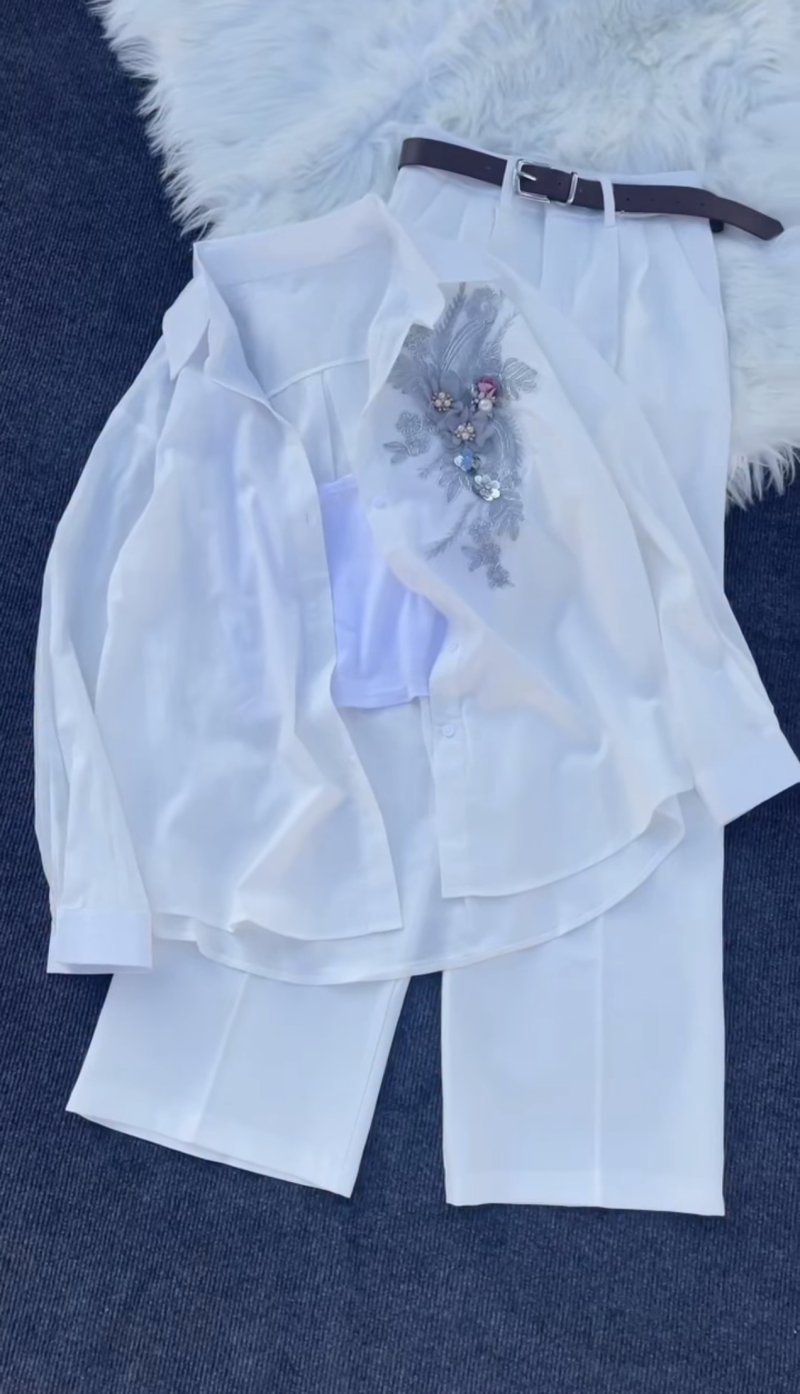 Women’s Elegant White 3-Piece Outfit Set | Shirt + Inner Top + Pants Combo